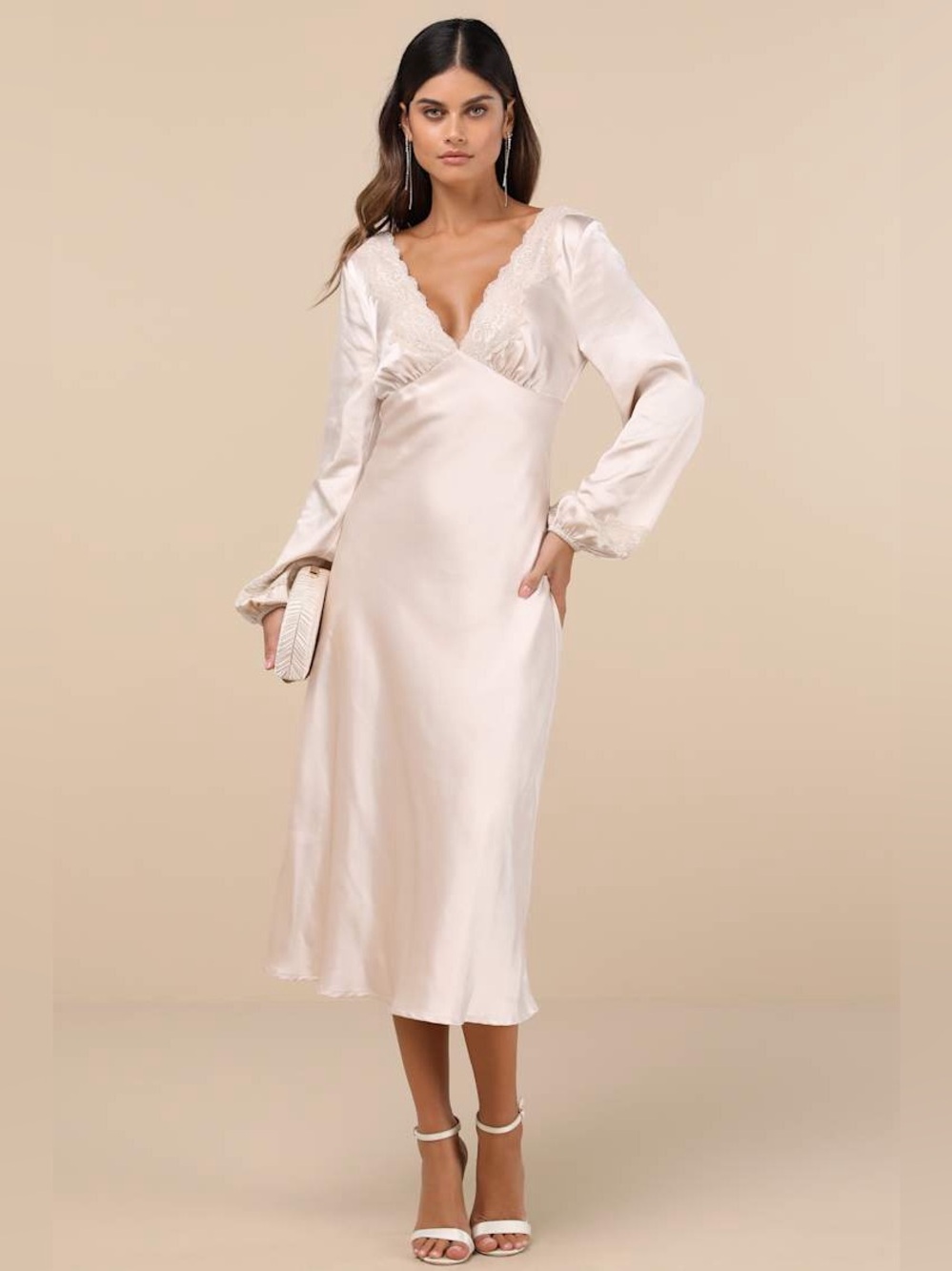 Illustrious Elegance Champagne Satin and Lace Long Sleeve Midi Dress